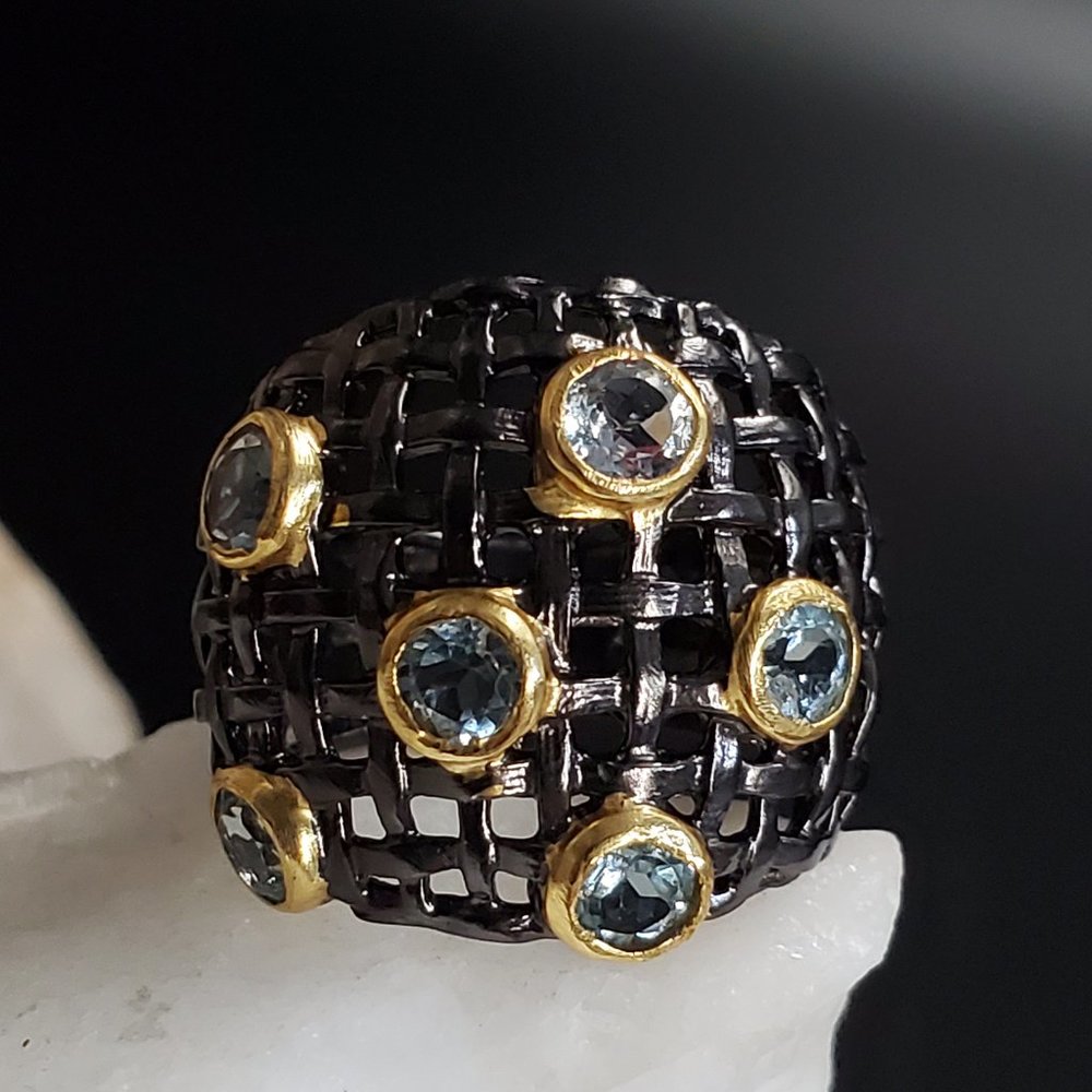 Designer Jewelry Sterling Silver Ring 925 14K Gold Natural Aquamarine Gemstones